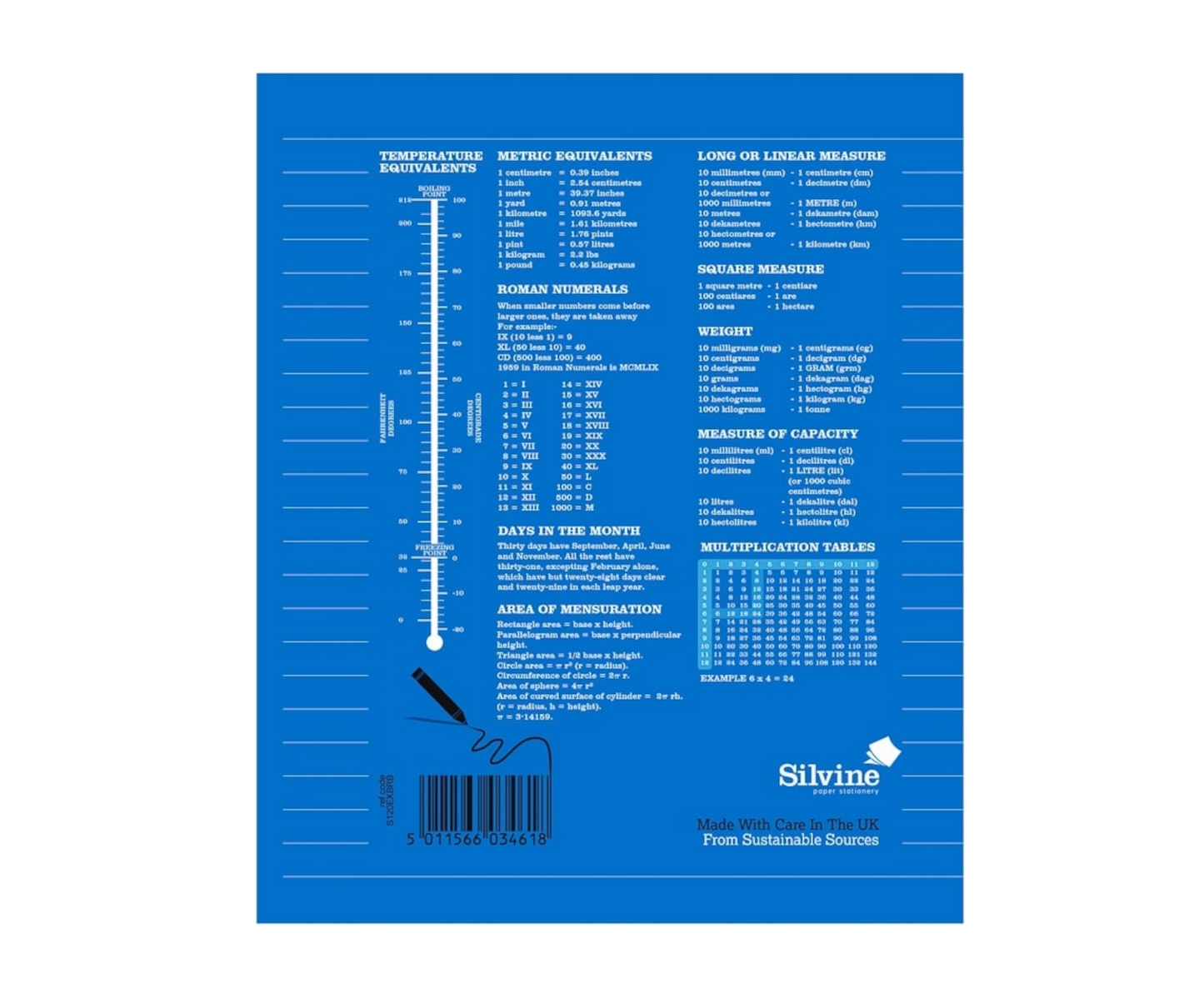 Silvine Exercise Book, Blue, 120 pages lined, 203mm x 165mm