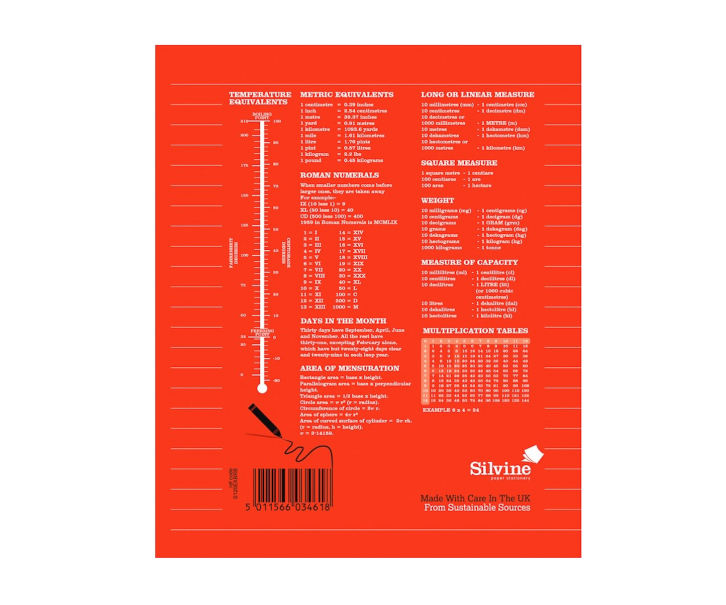 Silvine Exercise Book, Red, 120 pages lined, 203mm x 165mm